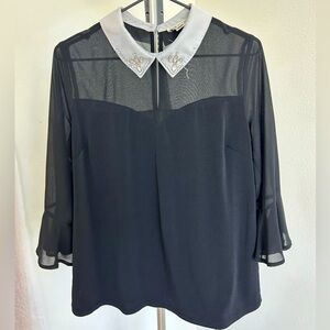 White Collar Rhinestone 3/4 Long Bell Sleeve Mesh Sweetheart Neck Black Blouse